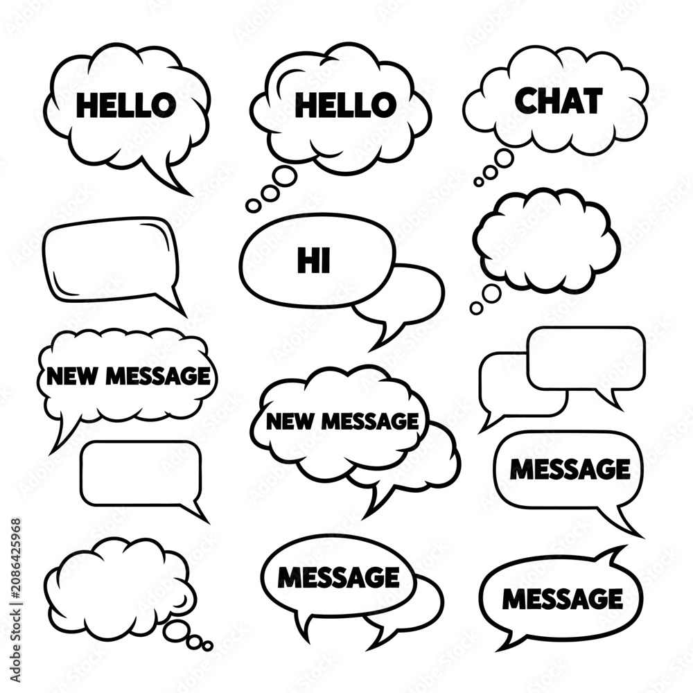 Fototapeta premium Speech bubbles set with text: dialogue, hi, chat, hello, message design