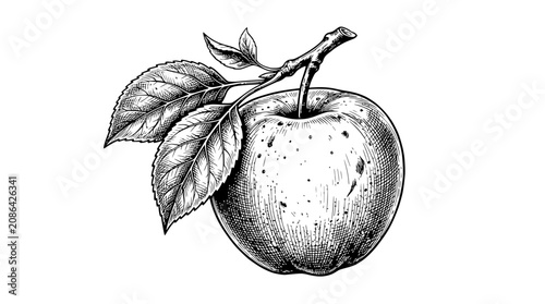 Hand-drawn apple on a branch with leaves, vintage illustration, sketch style, isolated on white