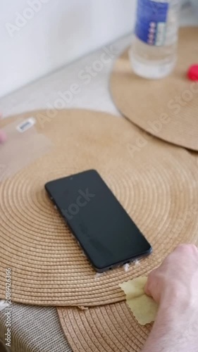 Man's hands carefully applying a new protective glass film on a modern smartphone screen