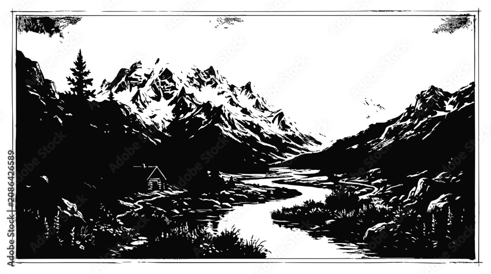 Obraz premium Serene Mountain Landscape with River and Cabin, Black and White Illustration