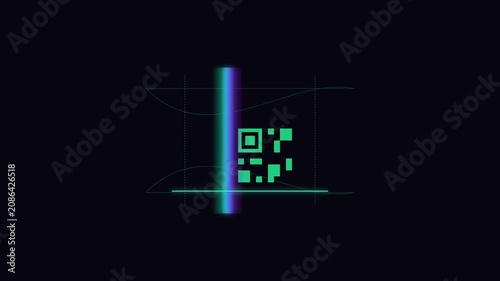 Digital QR Code Scanning with Futuristic Neon Light Beam and Abstract Grid Background for Technology and Data Concepts