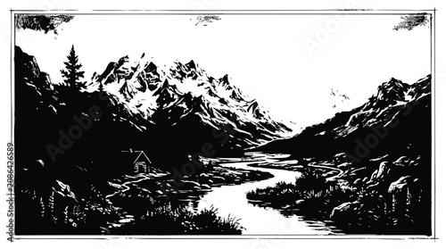 Serene Mountain Landscape with River and Cabin, Black and White Illustration