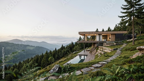 House sits perched on a forested mountain hillside featuring a wooden exterior and a clear infinity swimming pool.