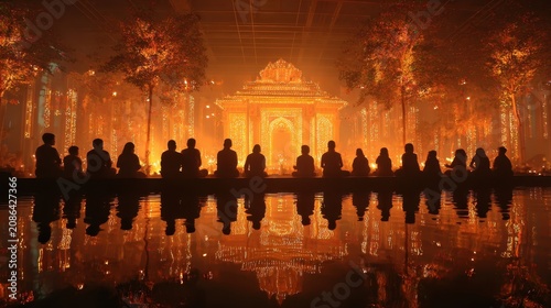Row of Seated Silhouettes Before Illuminated Temple Gate