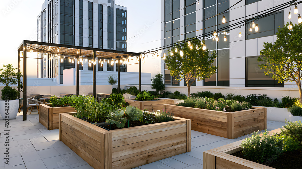 Fototapeta premium Rooftop Garden with Raised Planters and String Lights in Urban City Setting at Sunset