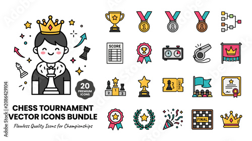 Photography Chess tournament vector icons bundle, 20 premium icons for championships, profes