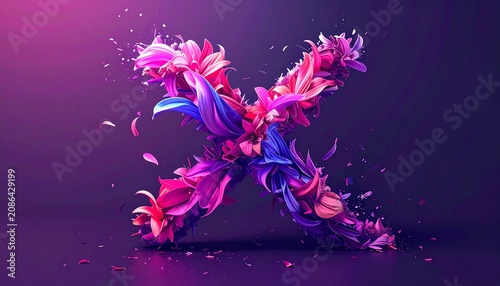 A visually striking and conceptual digital artwork depicting a surreal X shaped icon created from a dynamic arrangement of floating vibrant floral petals in a captivating contemporary design symbol