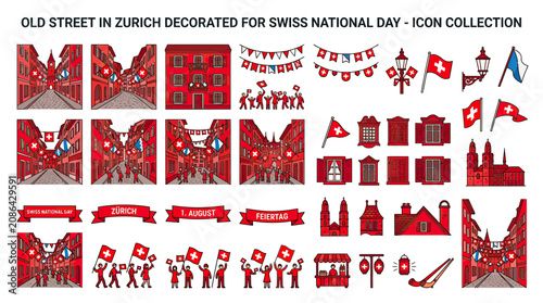 Fotografie Swiss National Day Zurich Celebration Icons: Street, Flags, People, Buildings