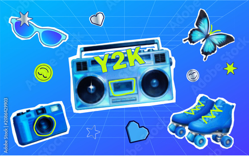 Y2K retro collage with boombox, roller skates, camera, sunglasses and butterfly on blue background
