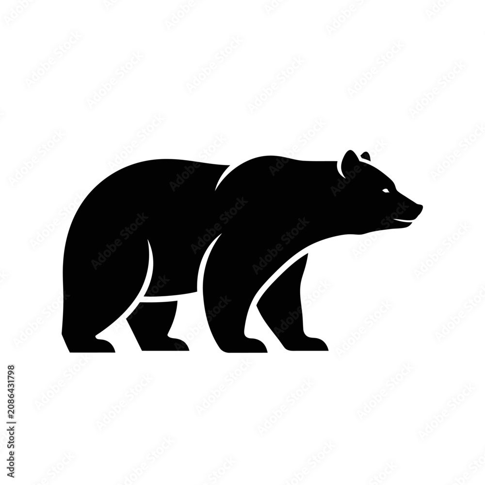 Fototapeta premium Black Bear Silhouette Side View Isolated on White Background
