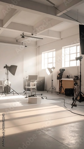 Modern minimalist warehouse interior with industrial lighting and equipment.