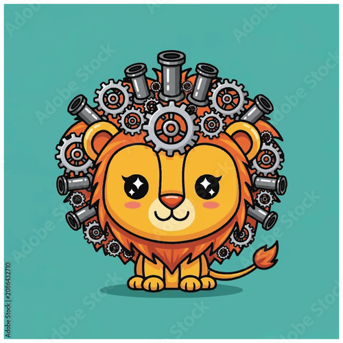 Cute Mechanical Lion with Gears and Pipes Illustration.