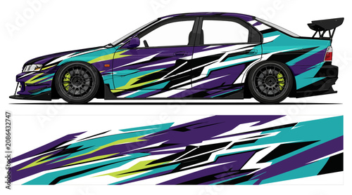 Colorful racing car with dynamic abstract design wrap.