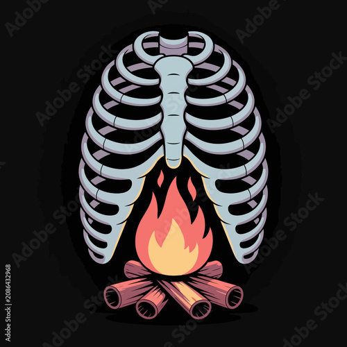 Human Rib Cage with Campfire Inside Illustration.
