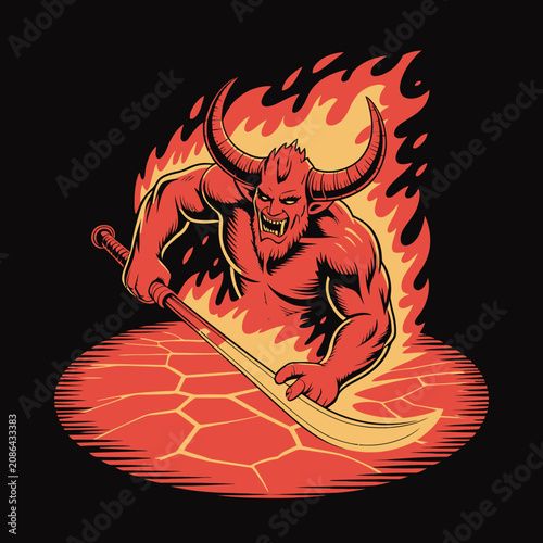Red devil with horns and pitchfork.