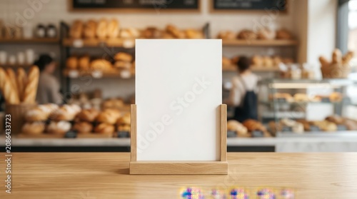 Blank White Menu Card Standing on a Wooden Counter in a Blurred Bakery Shop Interior Setting