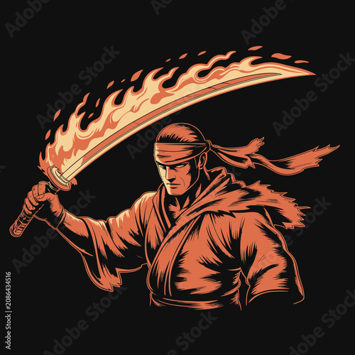 Warrior with a burning katana sword.