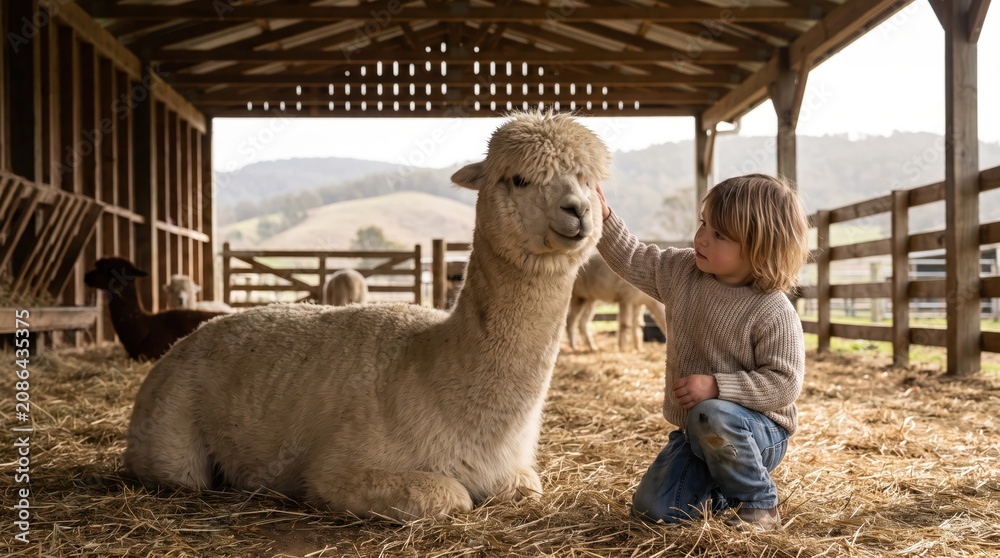Fototapeta premium Child petting large alpaca inside wooden barn on rural farm, boy kneeling next to resting woolly animal in hay, calm morning farm interaction and animal care