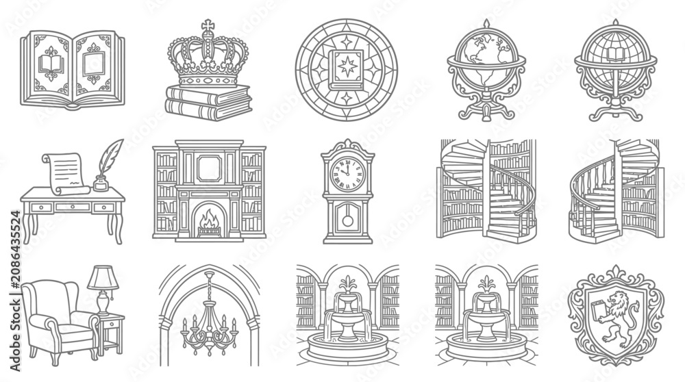 Obraz premium Vintage Library Icon Set: Books, Globes, Desk, Clock, Coat of Arms