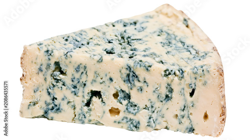 Obraz na plátně Wedge of creamy blue cheese with blue veins and holes