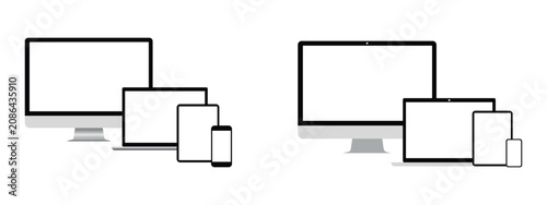 Device mockup icon set with responsive screen. Vector illustration of realistic desktop monitor flat symbol, colorful line laptop tablet smartphone mobile display layout template on white background.