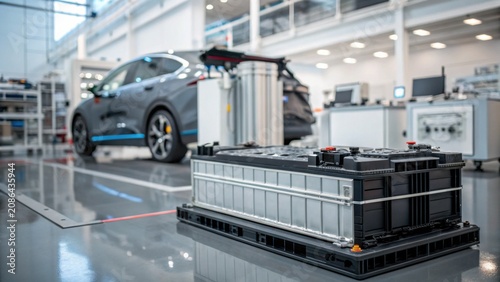 Modern electric car battery pack displayed in a clean, advanced automotive manufacturing facility.