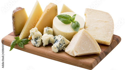 Obraz na płótnie Assortment of cheeses including blue cheese parmesan, and cheddar on wooden boar