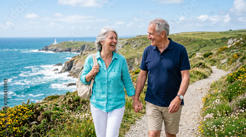 Happy senior couple hiking along scenic coastal trail enjoying active retirement and healthy outdoor lifestyle