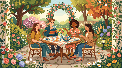 Slika na platnu Friends enjoying a garden picnic under floral arch.