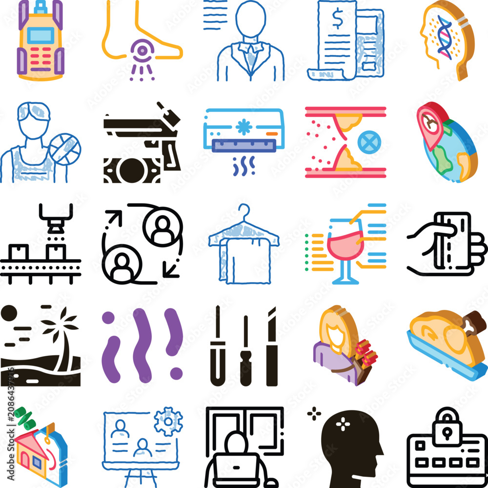 Fototapeta premium Collection of various doodle line style icons representing different themes and ideas, depicting business, lifestyle, technology, healthcare, and education concepts