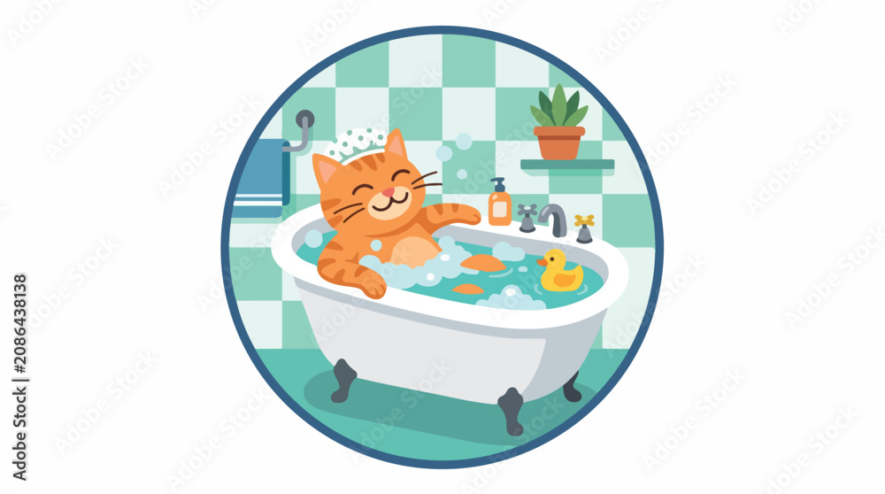 Fototapeta premium Playful cartoon cat bathing in orange cat bathtub with bubbles and a rubber duck toy during bath time scene in teal tub