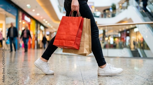 Legs of a person carrying multiple shopping bags while walking through a busy modern indoor mall, enjoying retail experience