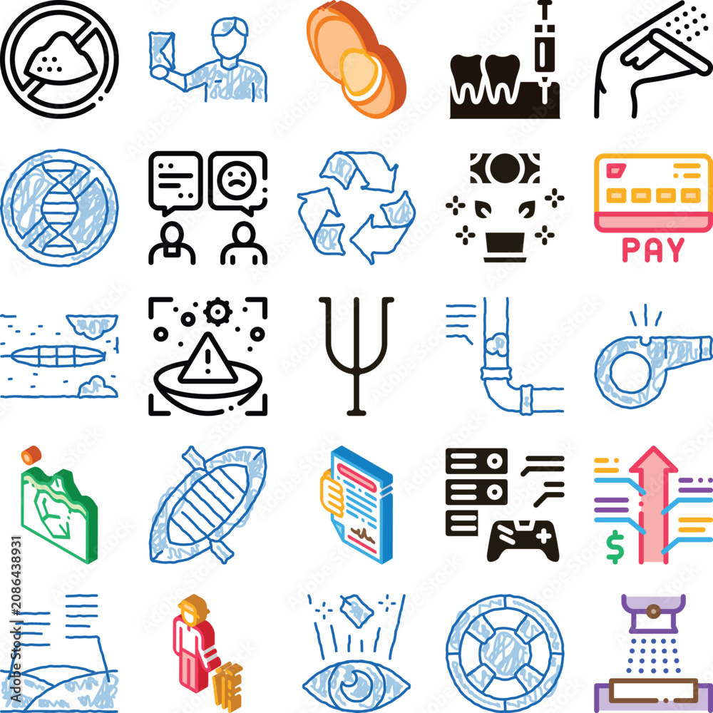 Fototapeta premium Set of doodle style icons covering health, finance, communication, tech, environment and psychology, versatile outline and color pictograms for web, app and ui design