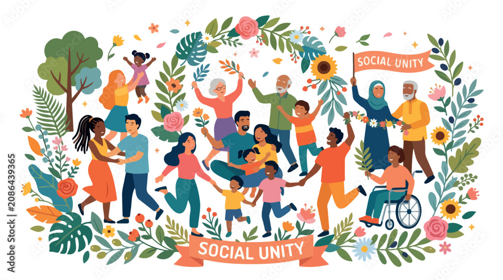 Fototapeta premium Vibrant illustration of a diverse group of people dancing in a circle around a unity banner, celebrating community joy