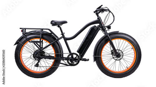 Konstfotografi Black fat tire electric bicycle with orange rims and rear rack
