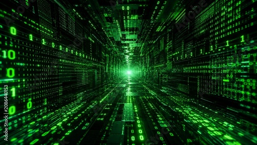 Tapety artystyczne Abstract digital tunnel with green glowing binary code representing computer programming, cyber security, and big data transmission