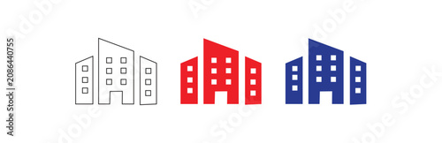 Multiple variants of modern colorful building icons vector set, featuring outline, red, and blue solid designs for office, apartment, and city architecture concepts, isolated on transparent background