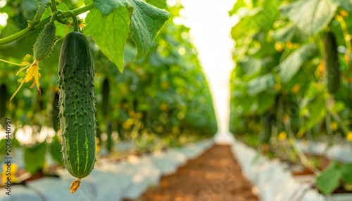 Fresh green cucumbers growing on vine in garden with leaves in organic summer farm agriculture scene of healthy vegetable crop cultivation