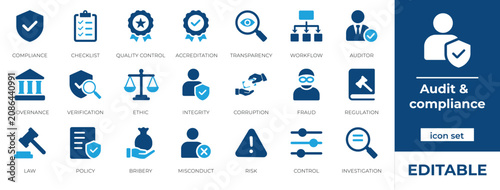 Audit and Compliance Icon Set. Vector Icon Set for Business Regulation, Quality Control, Risk Management, Corporate Governance, Policy and Checklist
