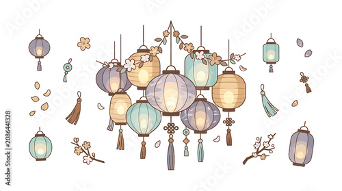 Fotografie Colorful Asian Paper Lanterns with Floral and Tassel Decorations.