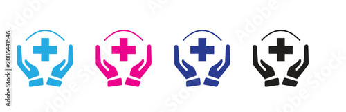 Set of medical care icons featuring hands holding a cross, symbolizing health protection, insurance, community support, and patient wellbeing, isolated on transparent background.