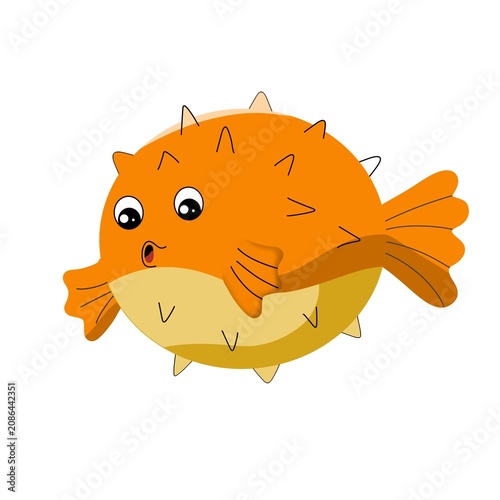 Cute Puffer Fish Illustration. Cartoon Pufferfish Isolated. Marine Fish Character