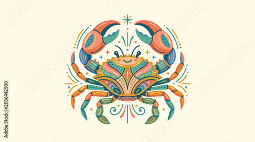 Tableau sur toile Colorful Illustrated Crab with Ornate Symmetrical Design.