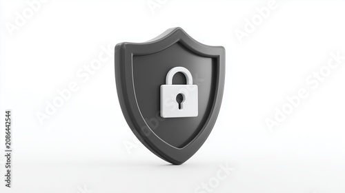 Dark gray shield with a white padlock isolated on white, security concept