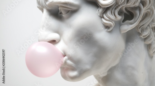 David bust blowing bubblegum, close-up isolated on white