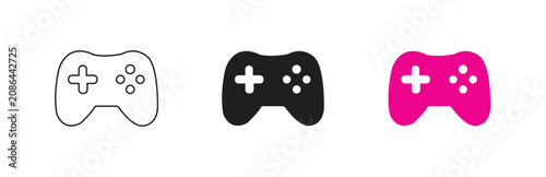 Multiple variants of modern video game controllers in outline, solid black, and vibrant pink styles, representing gaming, entertainment, and digital play isolated on transparent background.