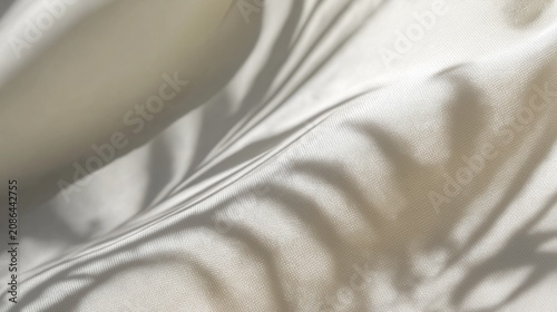 Macro of a palm leaf shadow on white fabric, soft sunlight, tropical