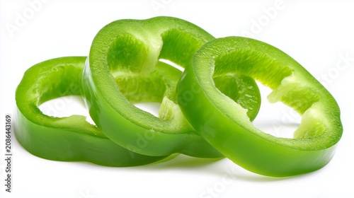 Three green bell pepper slices isolated on white, fresh vegetables