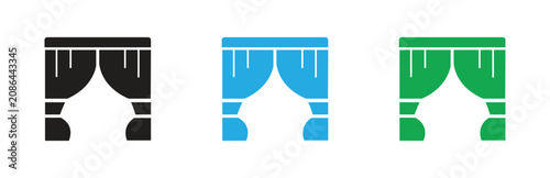 Set of three simple vector icons representing draped curtains in black blue and green for stage or window decoration and interior design concepts