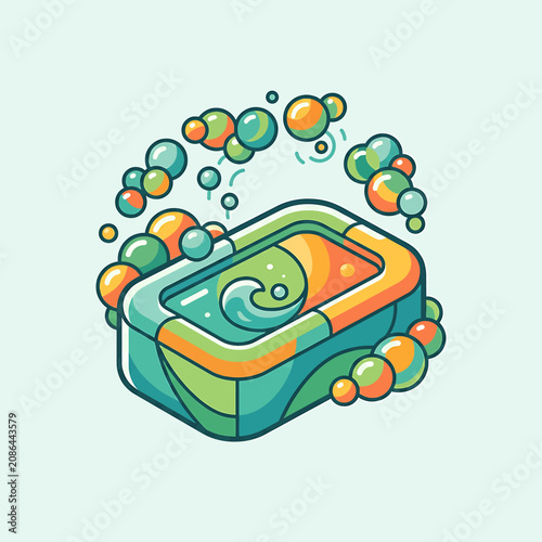 Photos Colorful soap bar with swirling design and bubbles.